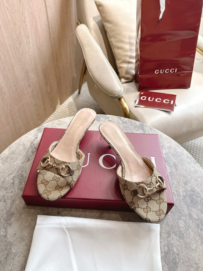 Gucci 2026 Horsebit High-Heeled Sandals Beige Canvas Leather