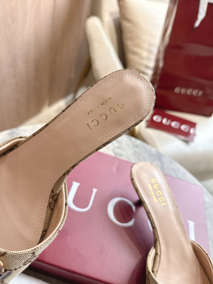 Gucci 2026 Horsebit High-Heeled Sandals Beige Canvas Leather