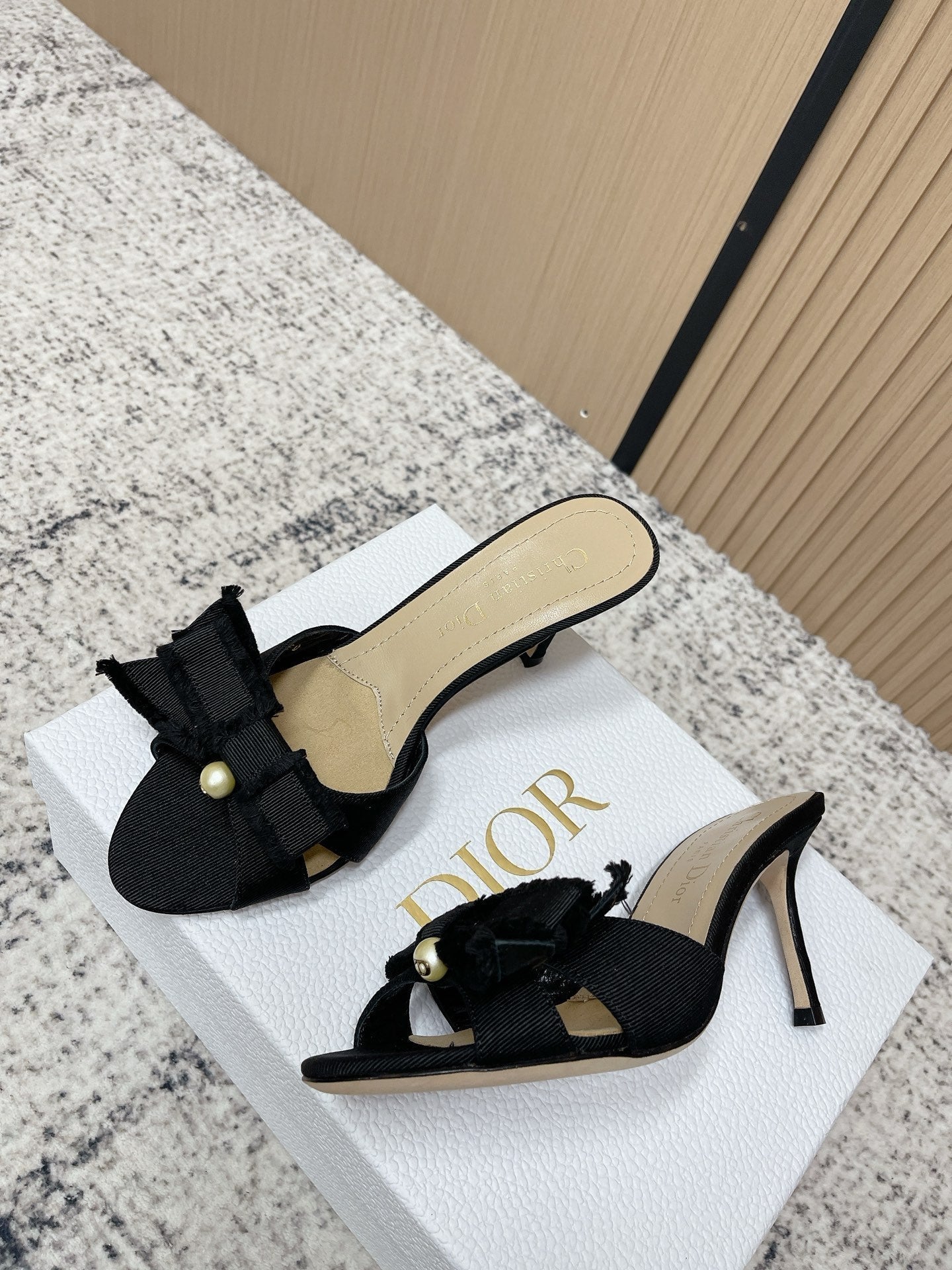 CD 26s High Heel Slippers 75 Black Beige Canvas Leather 643490