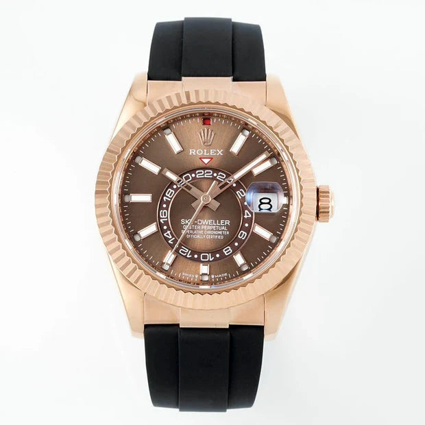 Rolex Sky-Dweller 42mm Rose Gold Case Brown Dial Rubber Strap