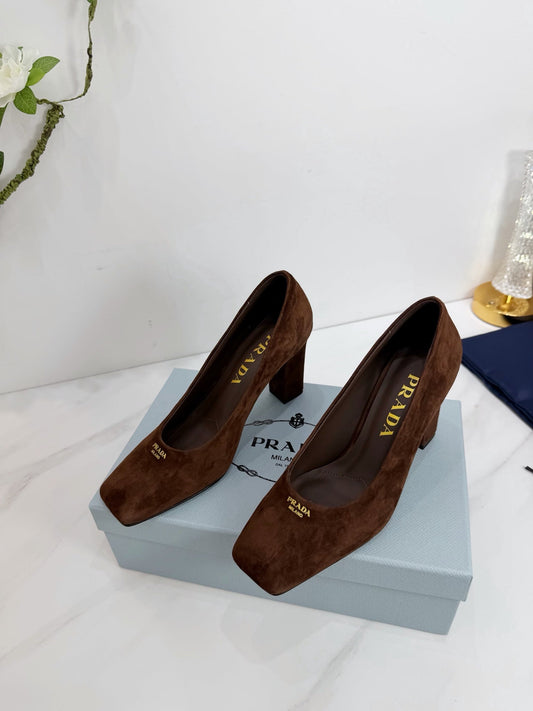 PRA 26SS Square-toe Block Heels  85 Dark Brown Suede 592362