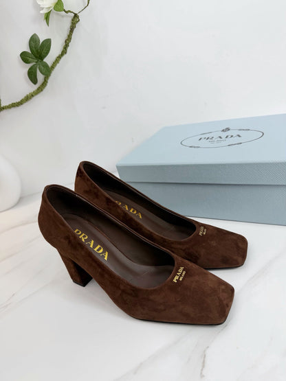 PRA 26SS Square-toe Block Heels  85 Dark Brown Suede 592362