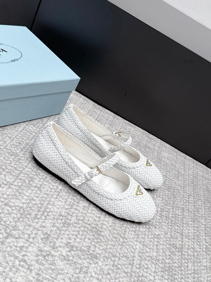 Prada 2026 Ballet Flat White Woven Leather 855703