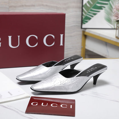GG 26ss High Heel Mule 60 Metallic Sliver Sheepskin 601082