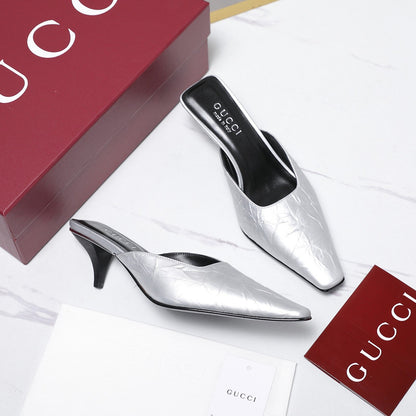 GG 26ss High Heel Mule 60 Metallic Sliver Sheepskin 601082