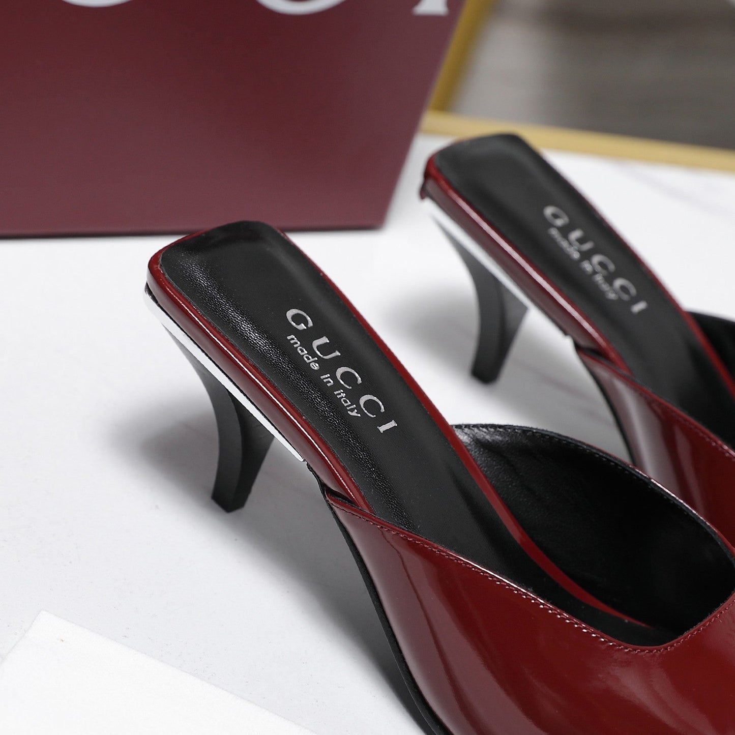 GG 26ss High Heel Mule 60 Dark Red Sheepskin 601086
