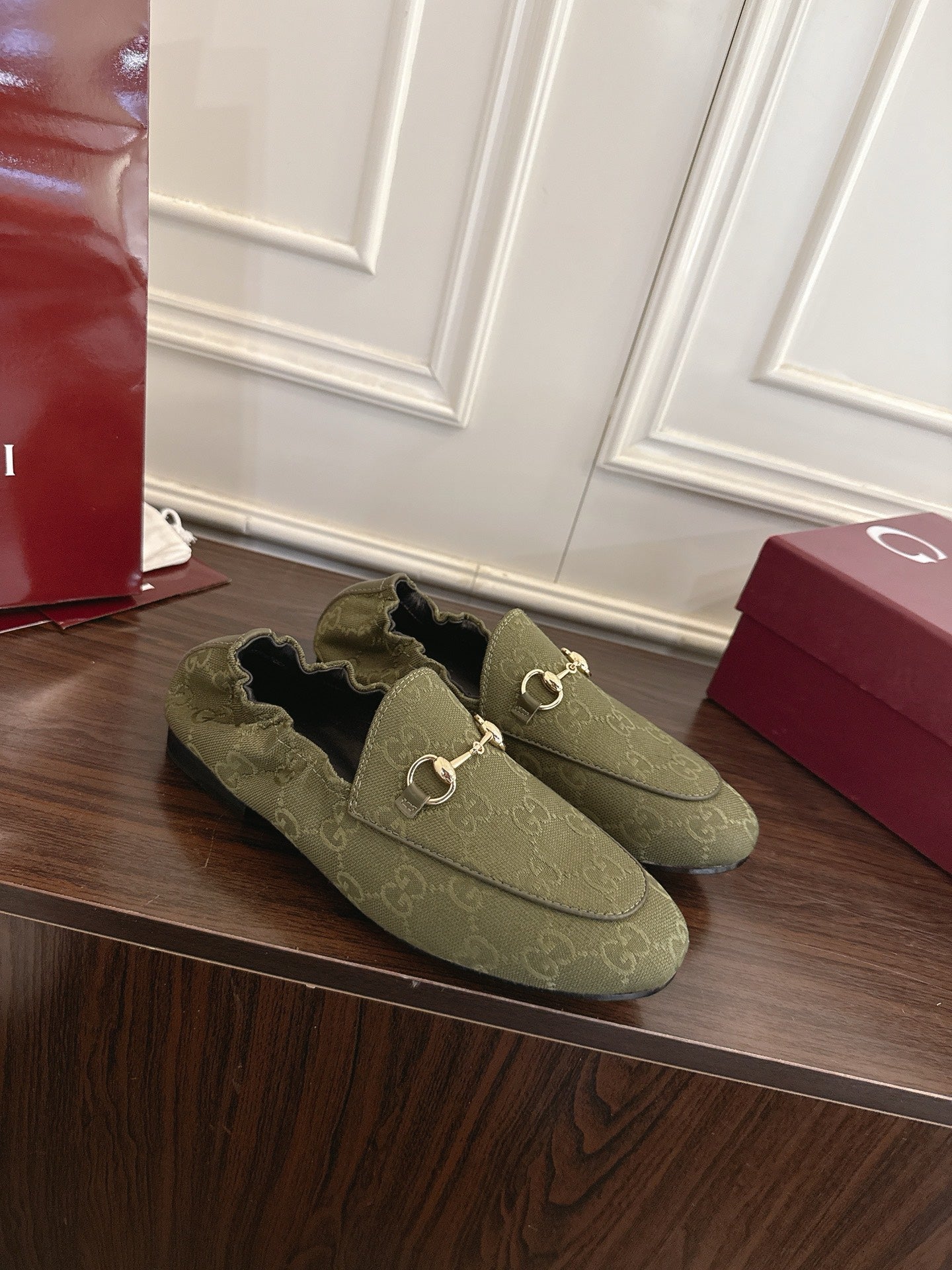 GG 26SS Loafers Olive Green Monogram Canvas Leather 645956