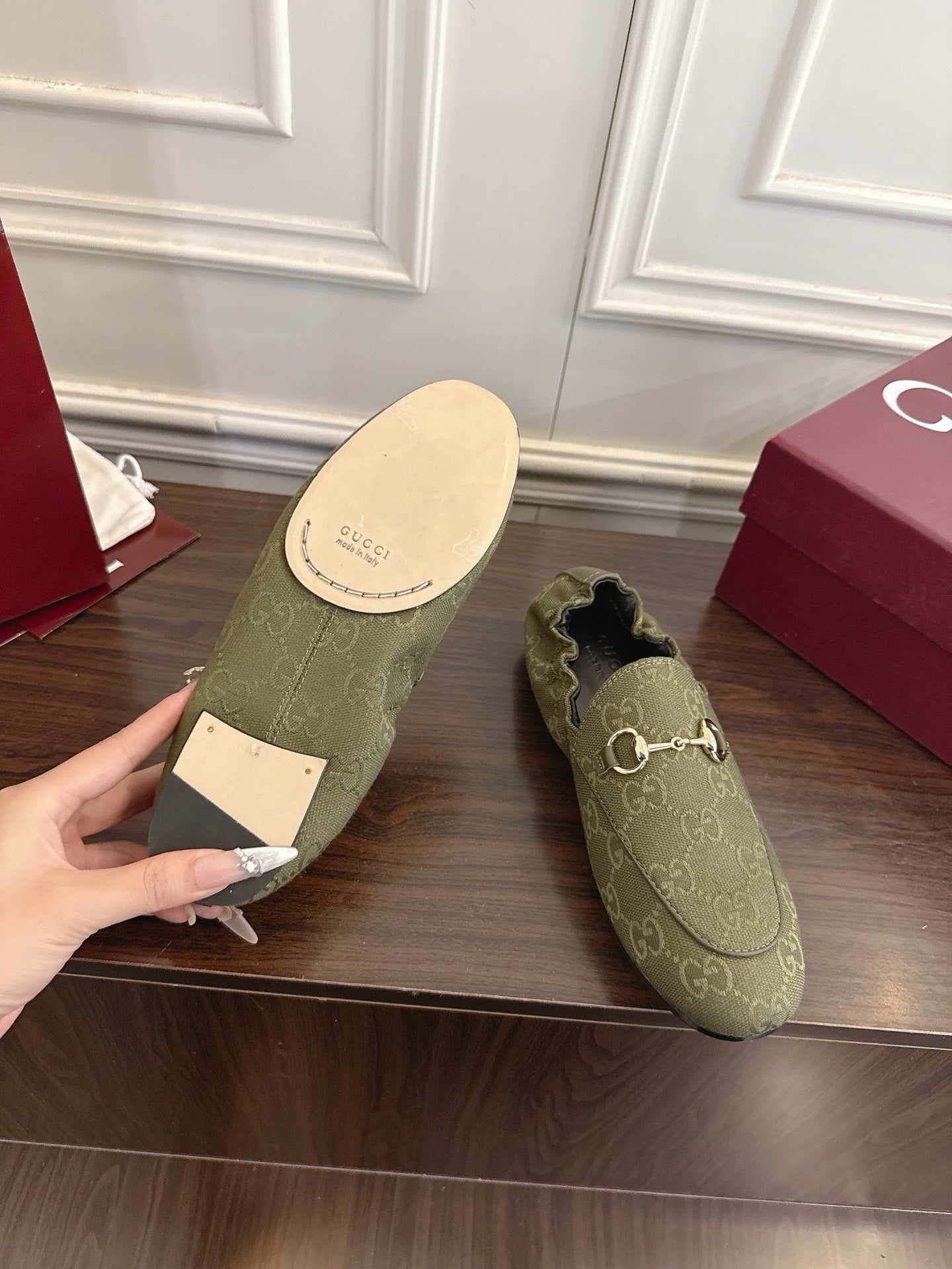 GG 26SS Loafers Olive Green Monogram Canvas Leather 645956