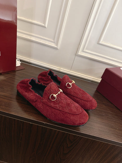 GG 26SS Loafers Burgundy Monogram Suede Leather 645957