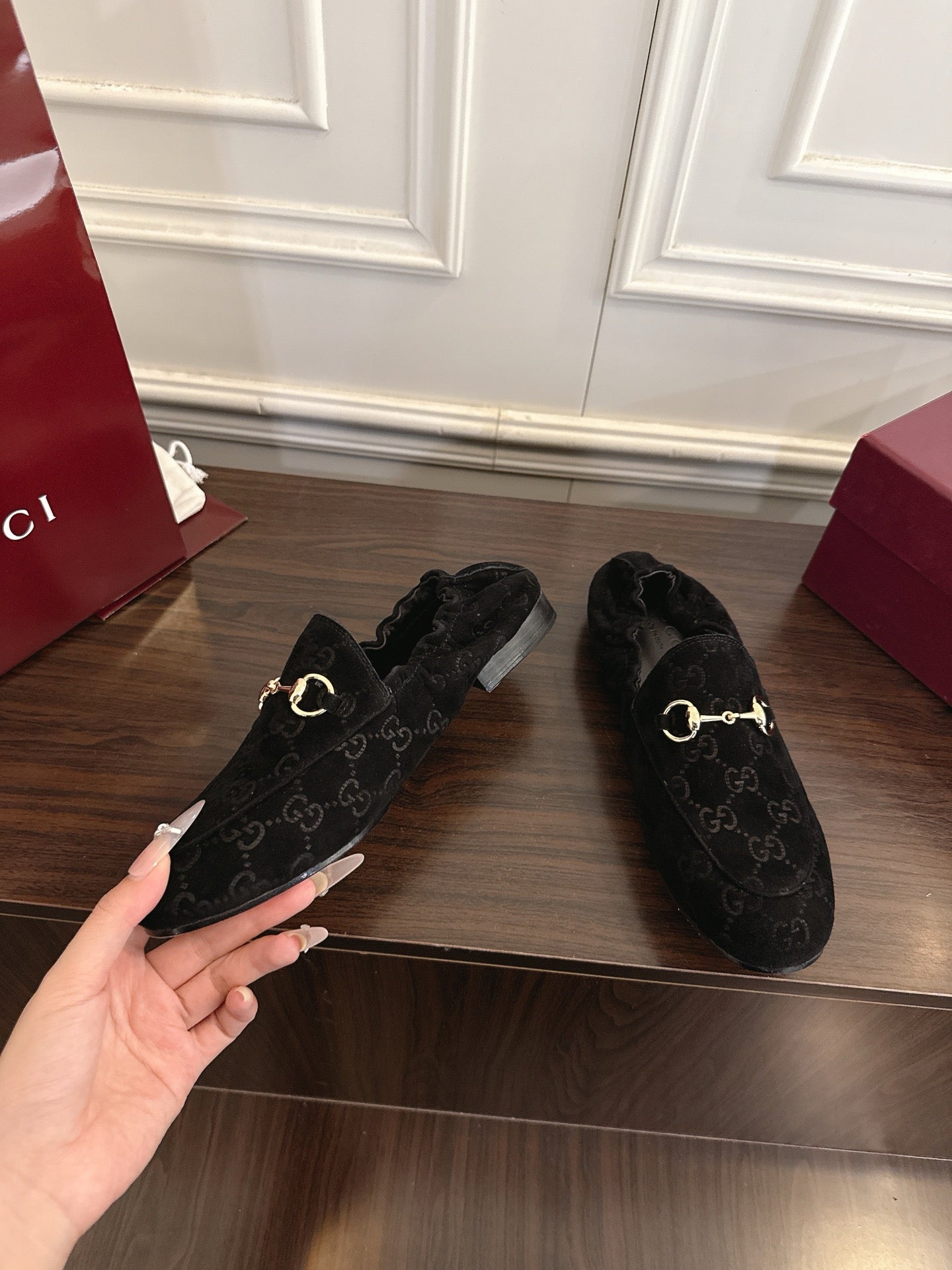 GG 26SS Loafers Black Monogram Suede Leather 645958