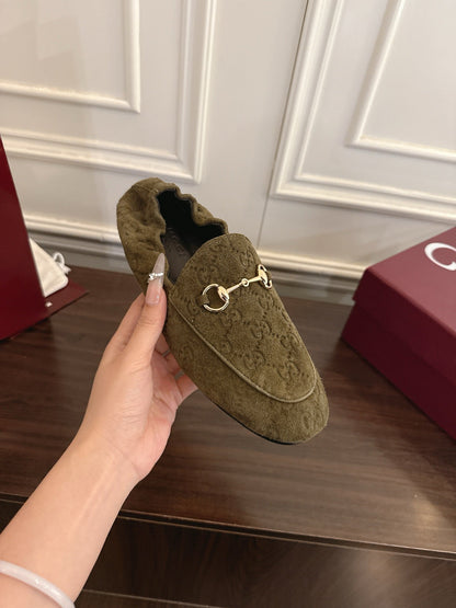 GG 26SS Loafers Olive Green Monogram Suede Leather 645960