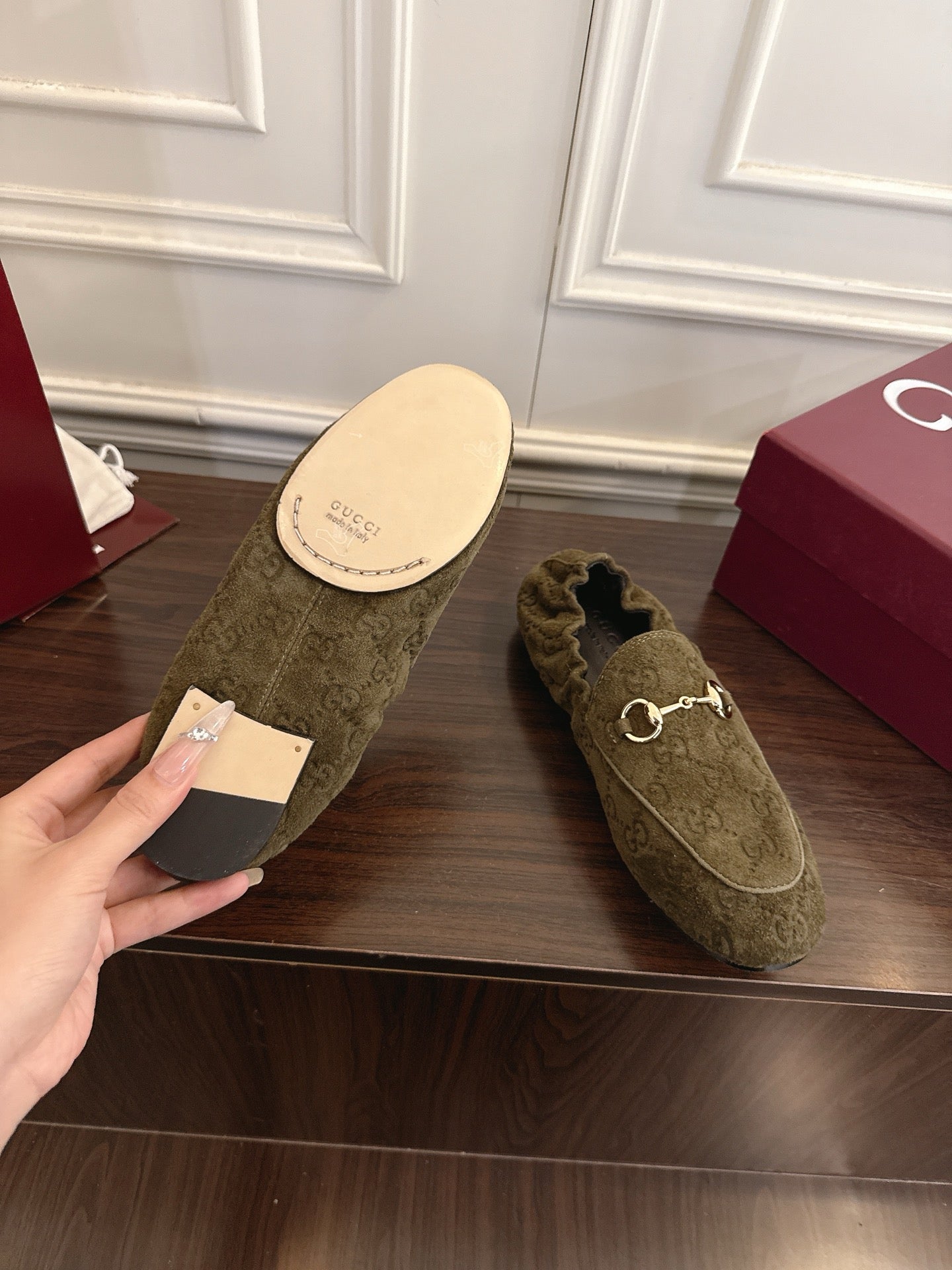GG 26SS Loafers Olive Green Monogram Suede Leather 645960
