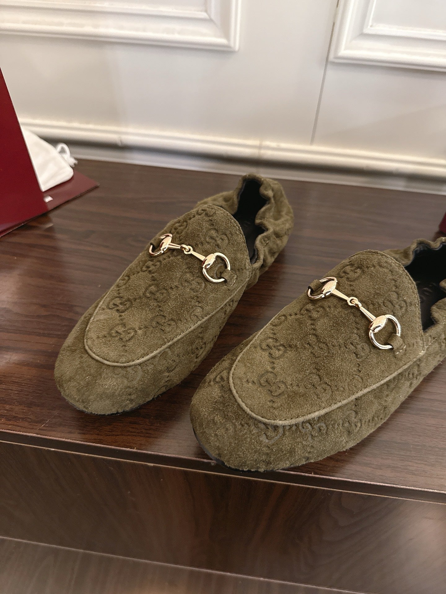 GG 26SS Loafers Olive Green Monogram Suede Leather 645960