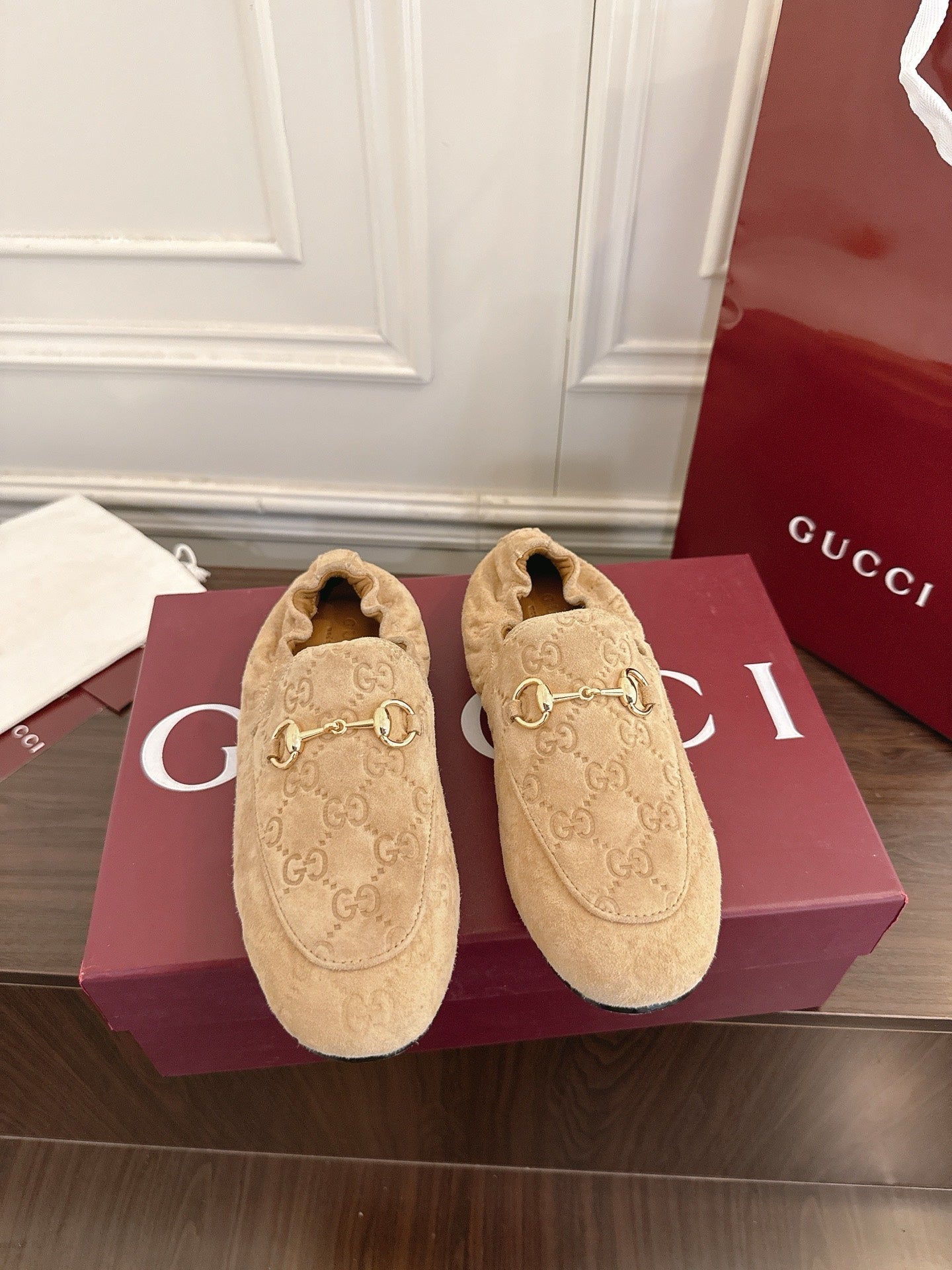 GG 26SS Loafers Beige Monogram Suede Leather 645961
