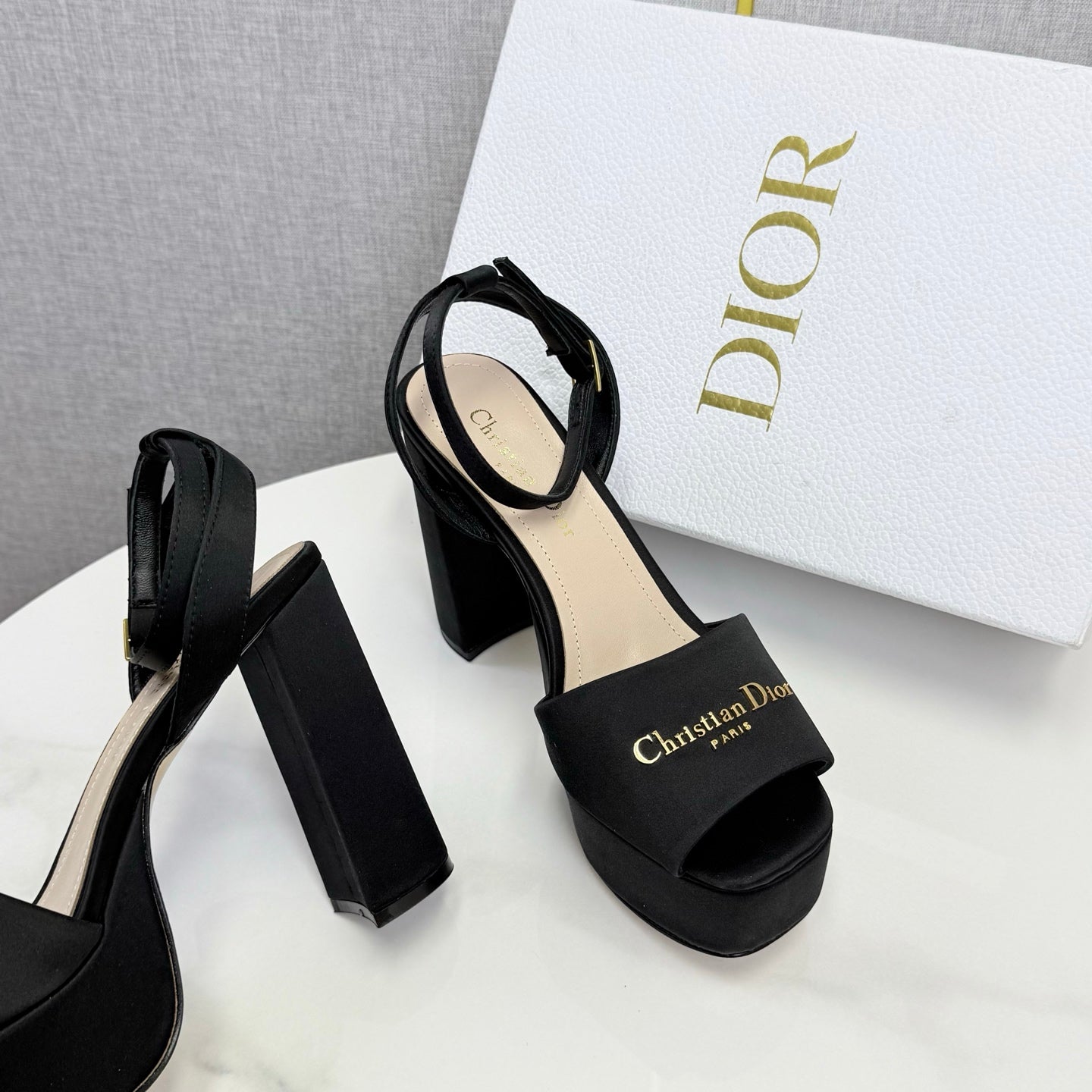 CD 26s Platform Sandals 80 Black Beige Satin Sheepskin 640230