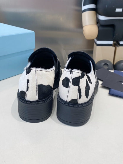 PRA 26S Platform Loafers Black White Cow Print Leather 628561