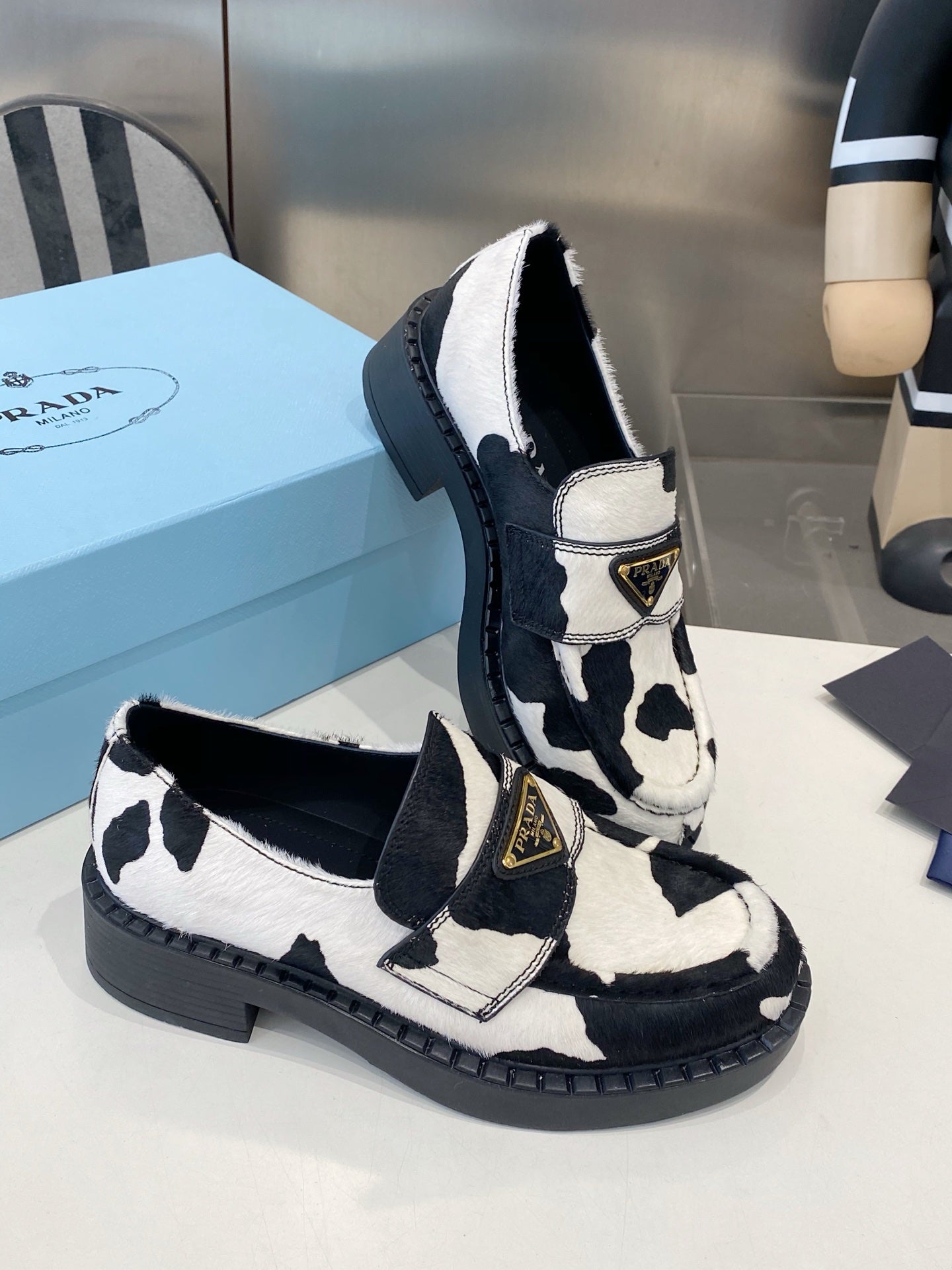 PRA 26S Platform Loafers Black White Cow Print Leather 628561
