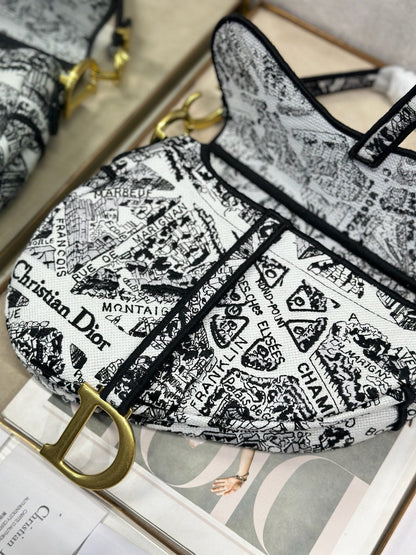 Dior 2026 Striking Black White Plan de Paris Pattern 25.5cm Saddle Bag 289478