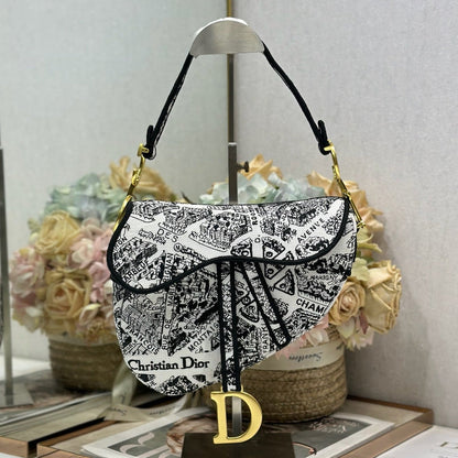 Dior 2026 Striking Black White Plan de Paris Pattern 25.5cm Saddle Bag 289478