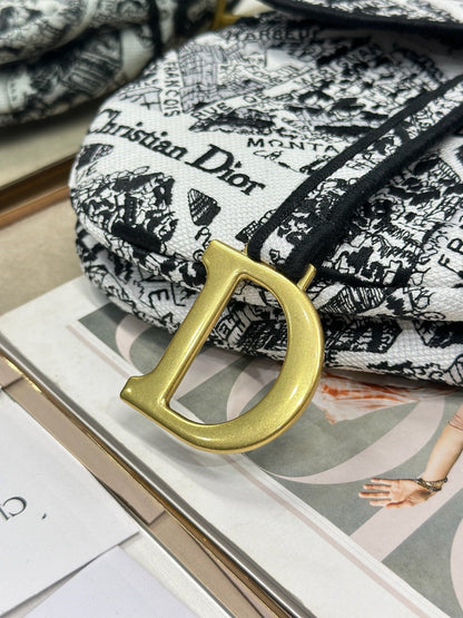 Dior 2026 Striking Black White Plan de Paris Pattern 25.5cm Saddle Bag 289478