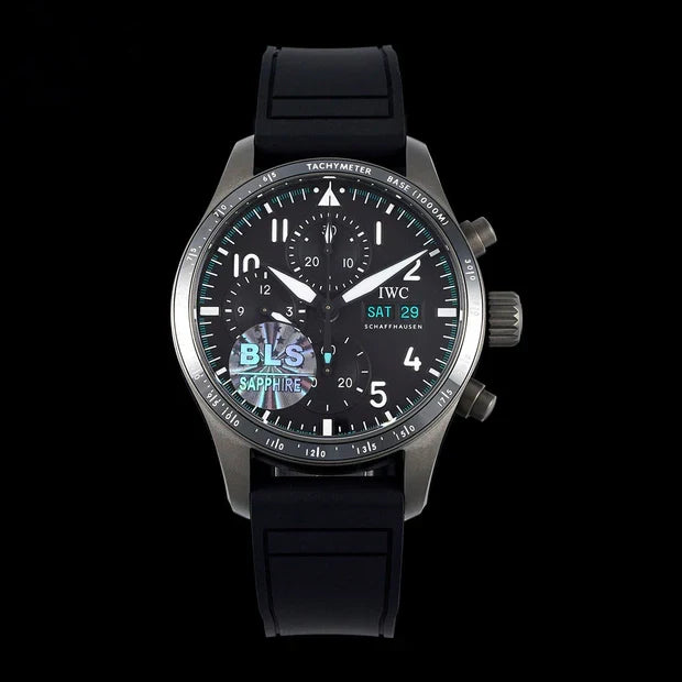 IWC Pilot 41mm Black Dial Silver Metallic Case Rubber Strap