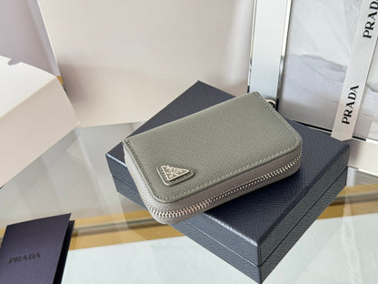 Prada 2026 Cardholder Zipper Bag 10cm Logo Silver Calfskin