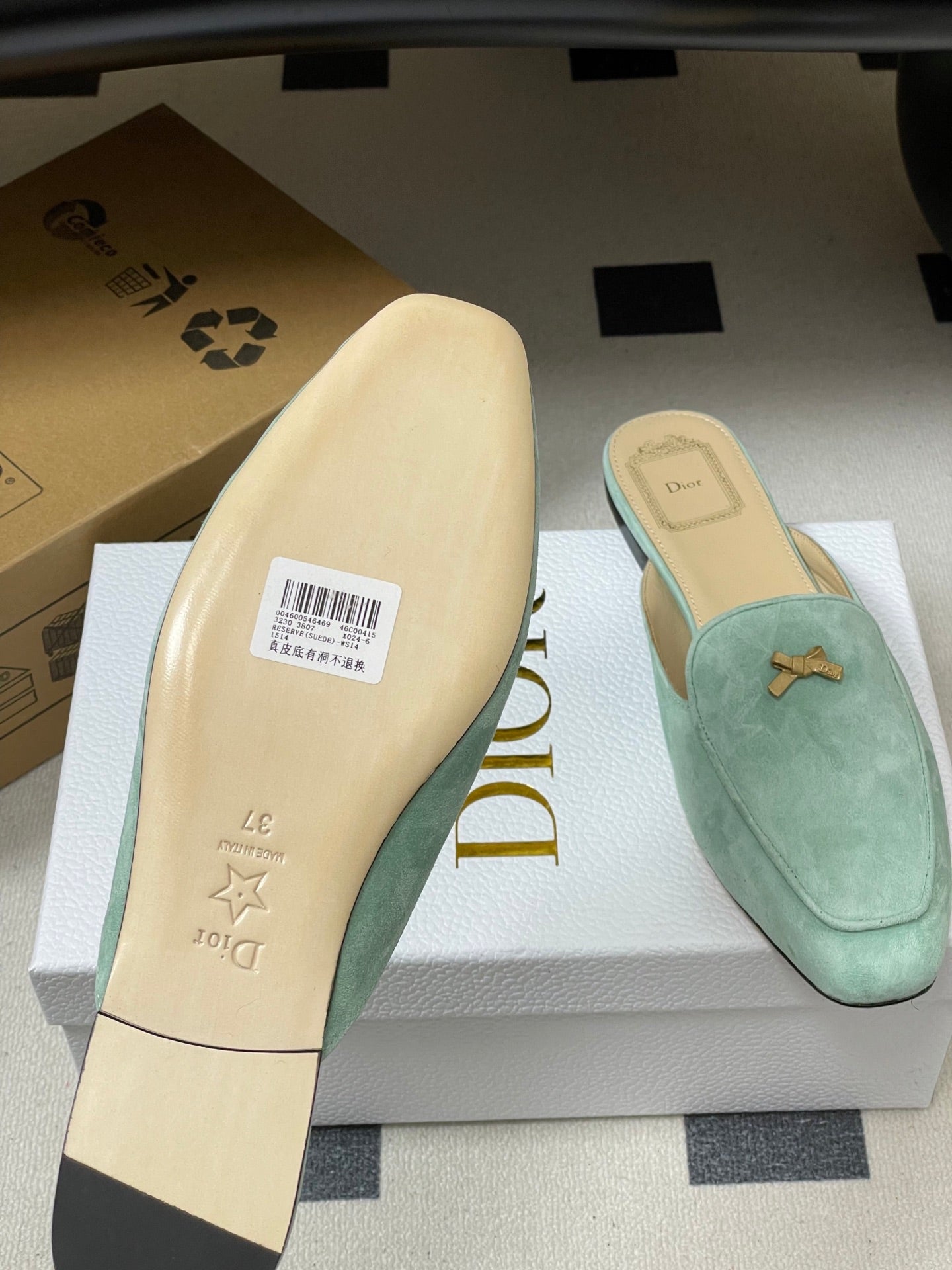 CD 26 Bow Mules Pastel Mint Green Suede Cowhide 632592