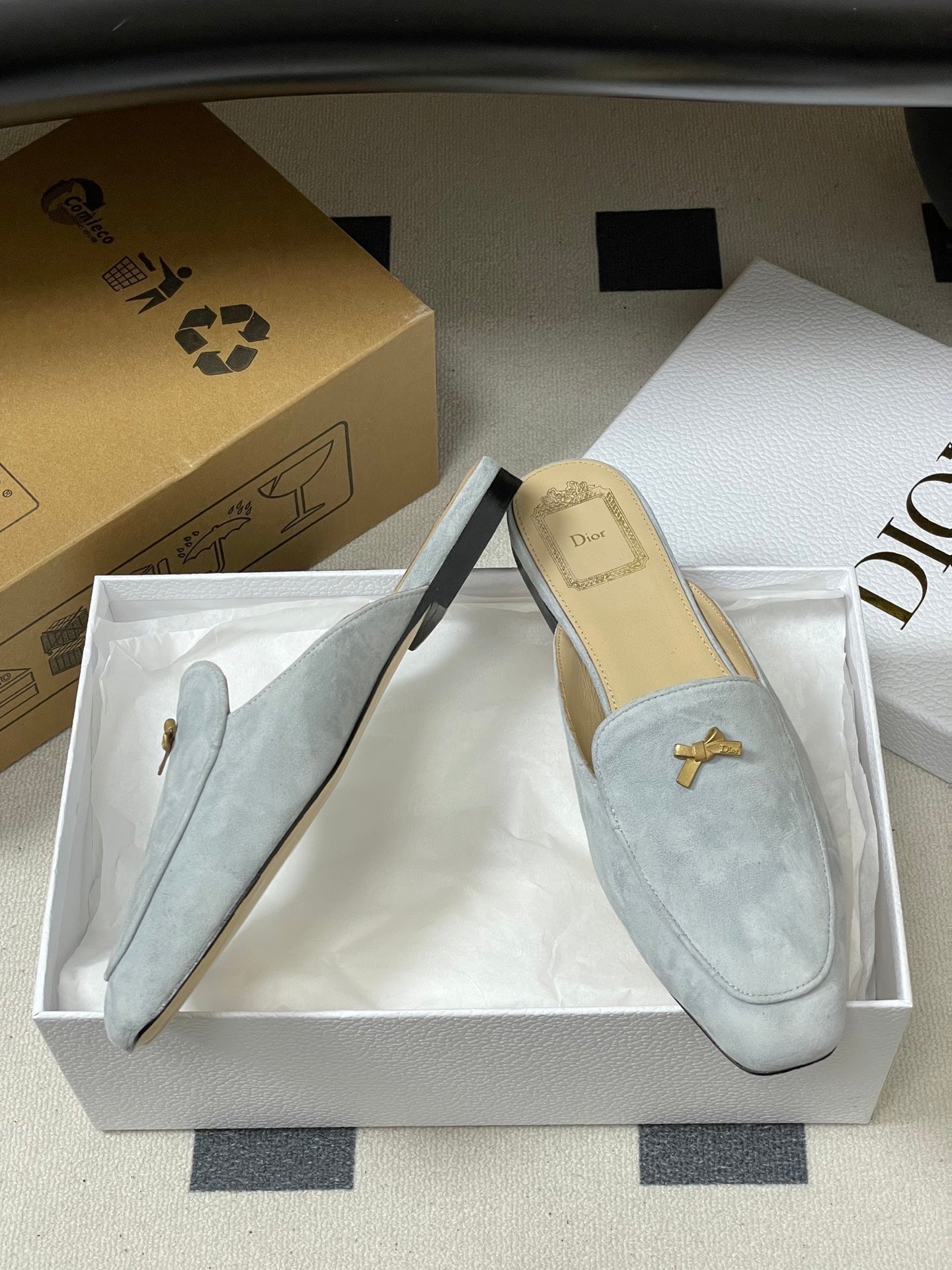 CD 26 Bow Mules Baby Blue Beige Suede Cowhide 632593