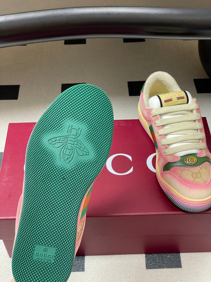 GG 26ss Screener Sneaker Beige Pink Green Fabric Calfskin 697903