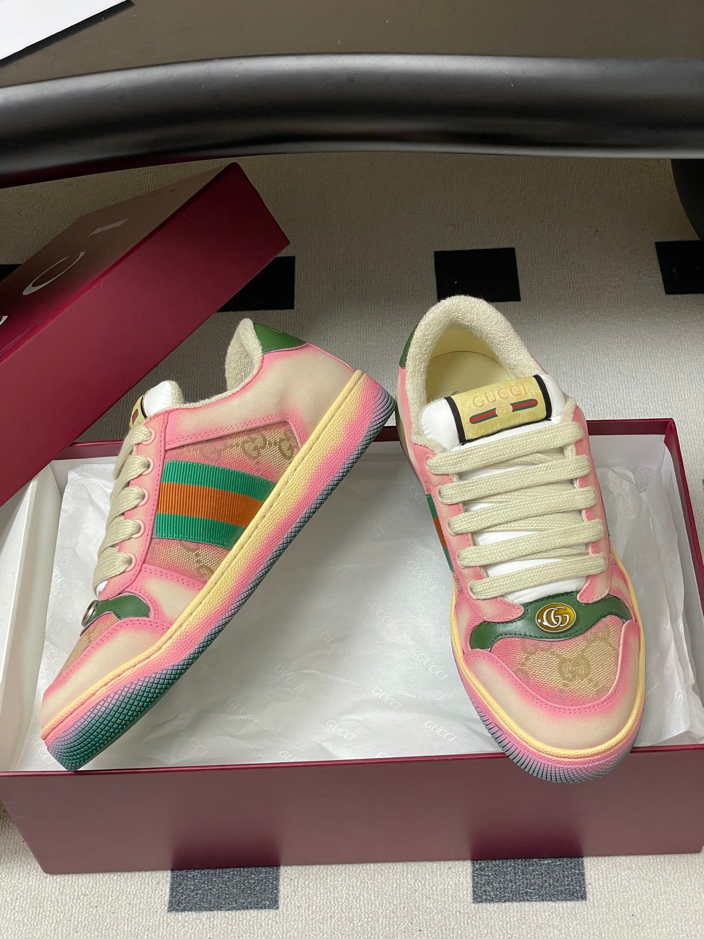 GG 26ss Screener Sneaker Beige Pink Green Fabric Calfskin 697903