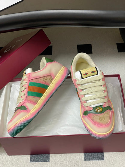 GG 26ss Screener Sneaker Beige Pink Green Fabric Calfskin 697903