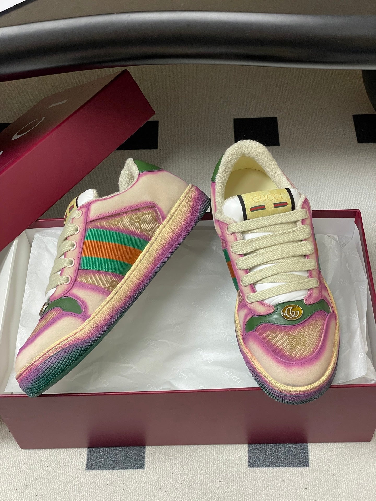 GG 26ss Screener Sneaker Beige Pink Green Fabric Calfskin 697903