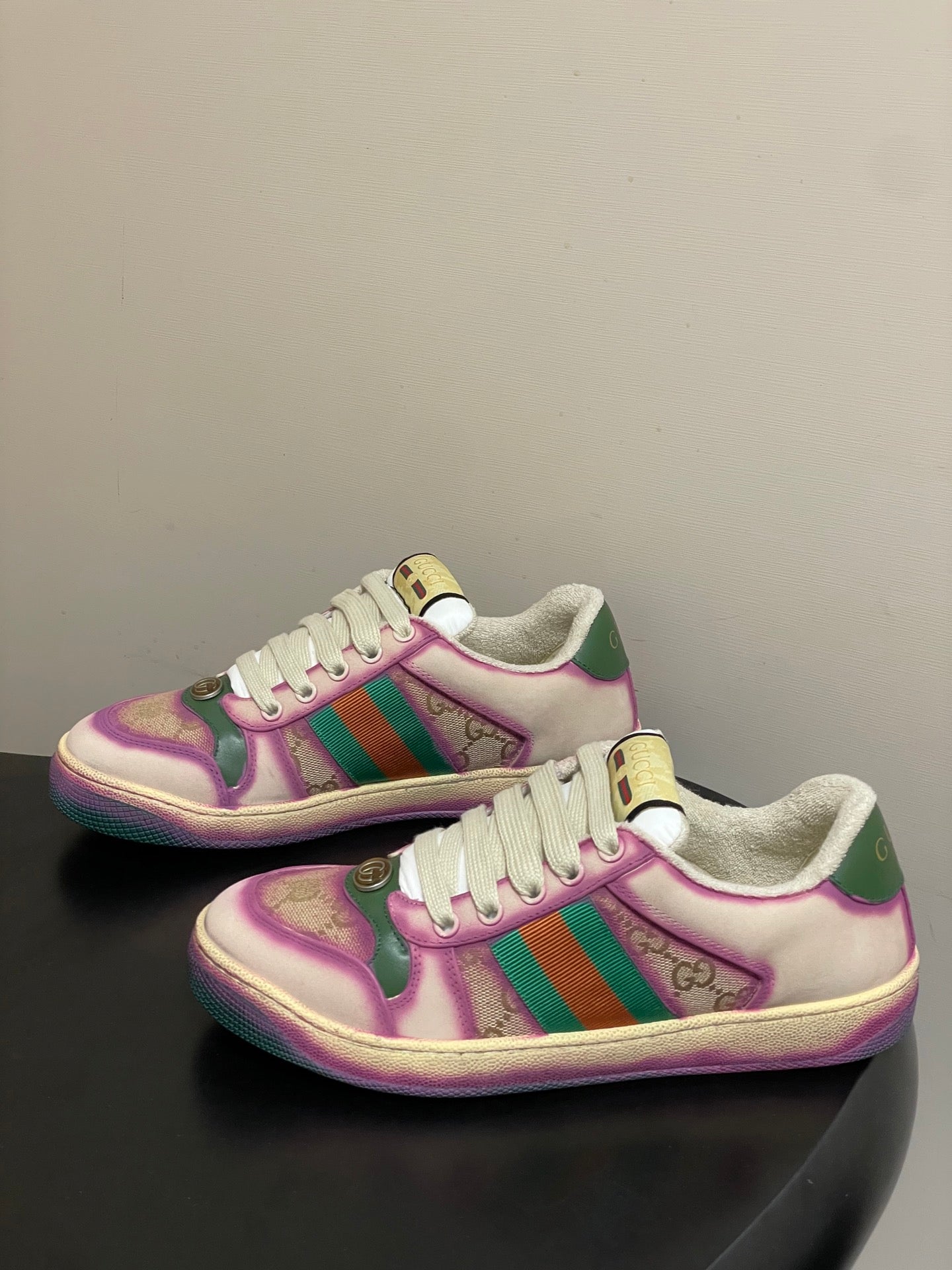 GG 26ss Screener Sneaker Beige Purple Green Fabric Calfskin 697904