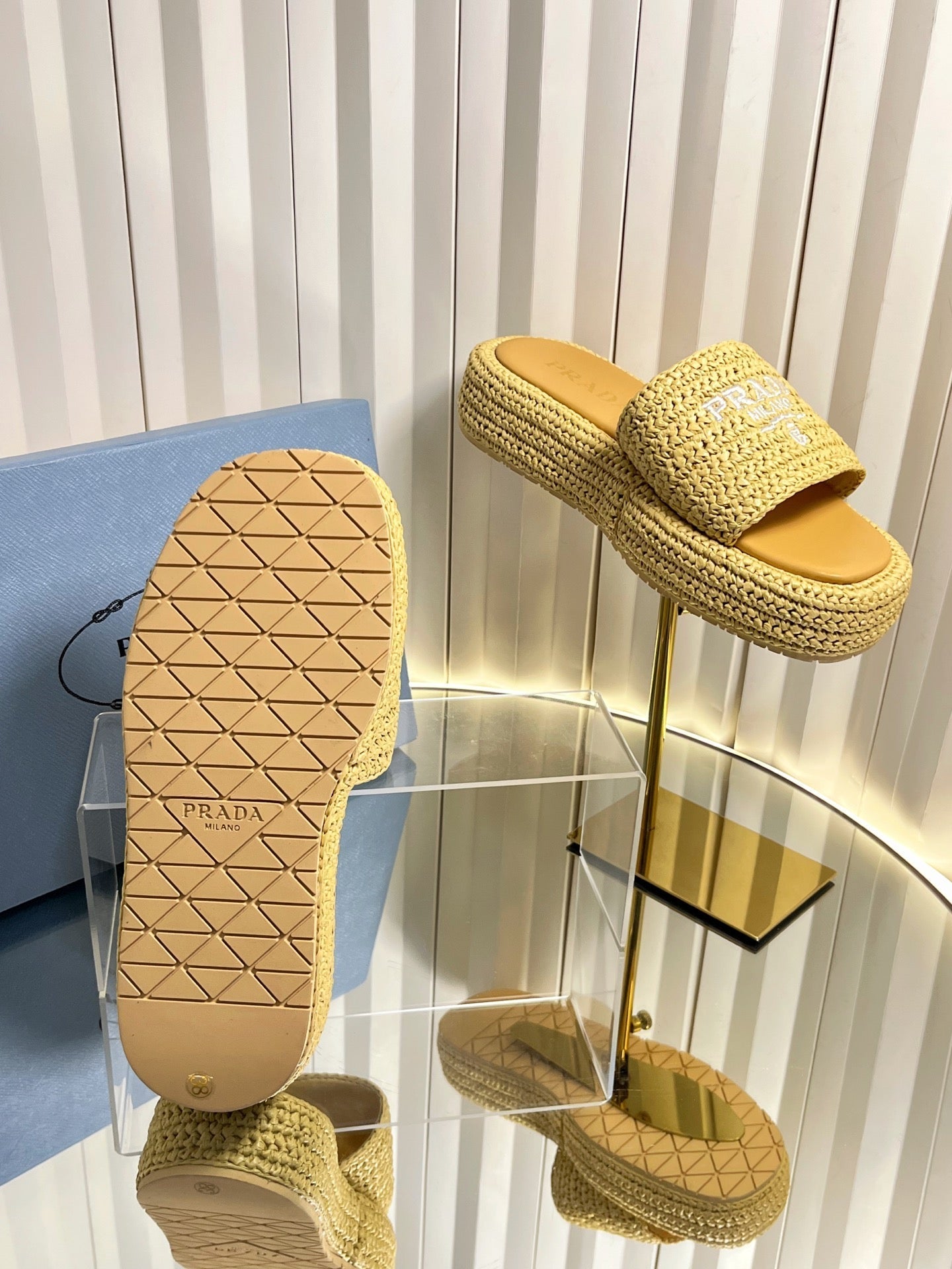 Prada 202 Platform Slide Sandals 40mm Woven Raffia 768777