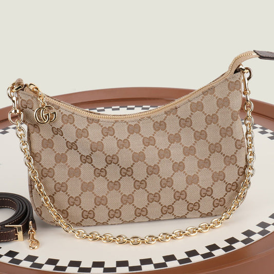 Gucci 2026 Lady Lunetta Chain Shoulder Bag Brown Canvas Leather