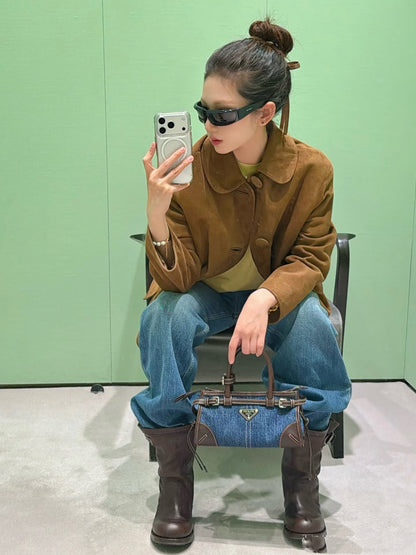 Prada 2026 Bonnie Bag 24cm Blue Brown Denim Leather