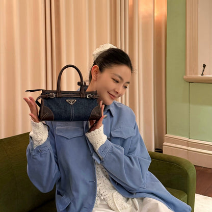 Prada 2026 Bonnie Bag 24cm Blue Brown Denim Leather