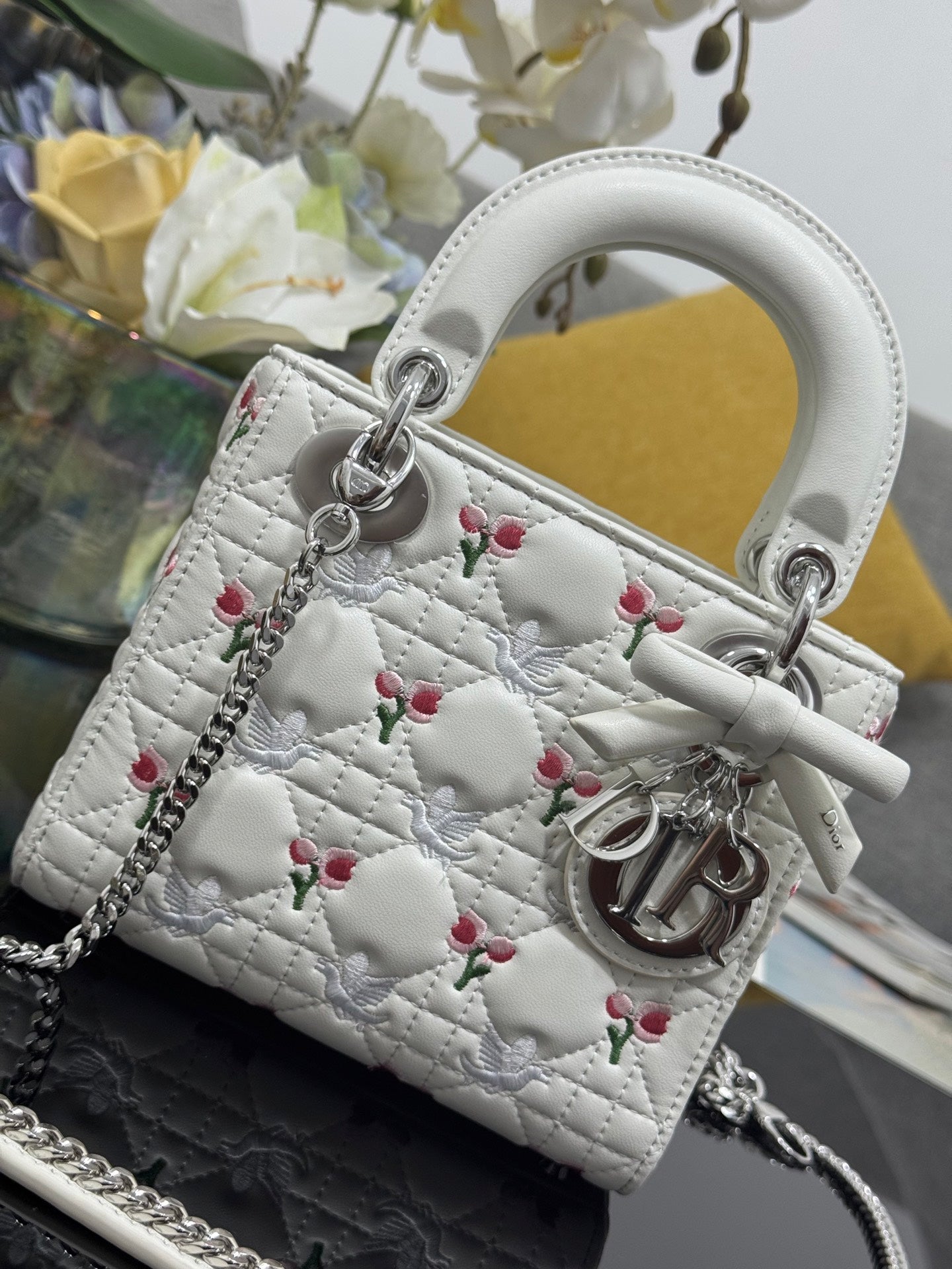 Dior 2026 Bird Flower Bag 17cm White Lambskin 158728