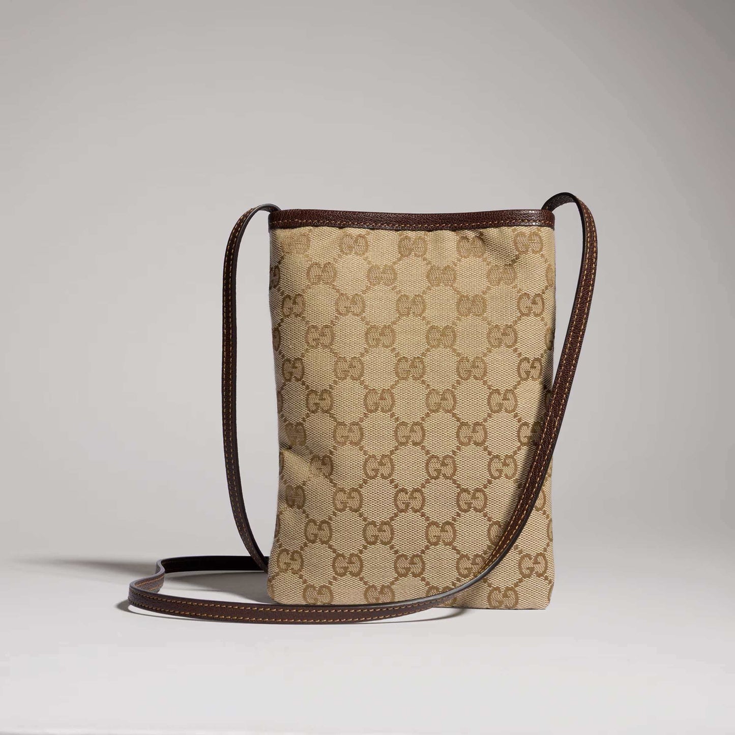 Gucci 2026 Phone Pouch with Strap 20cm Sand mix Brown Canvas Leather