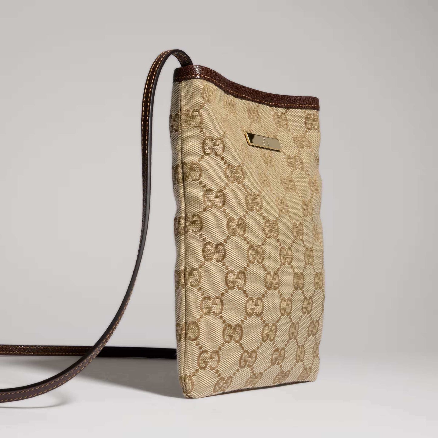 Gucci 2026 Phone Pouch with Strap 20cm Sand mix Brown Canvas Leather