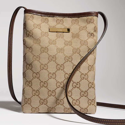 Gucci 2026 Phone Pouch with Strap 20cm Sand mix Brown Canvas Leather