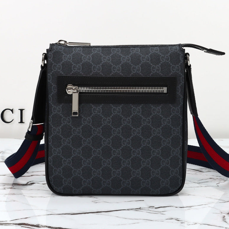 Gucci 2026 Flatpack Small Messenger Bag 24cm Black Dark Gray Canvas Leather