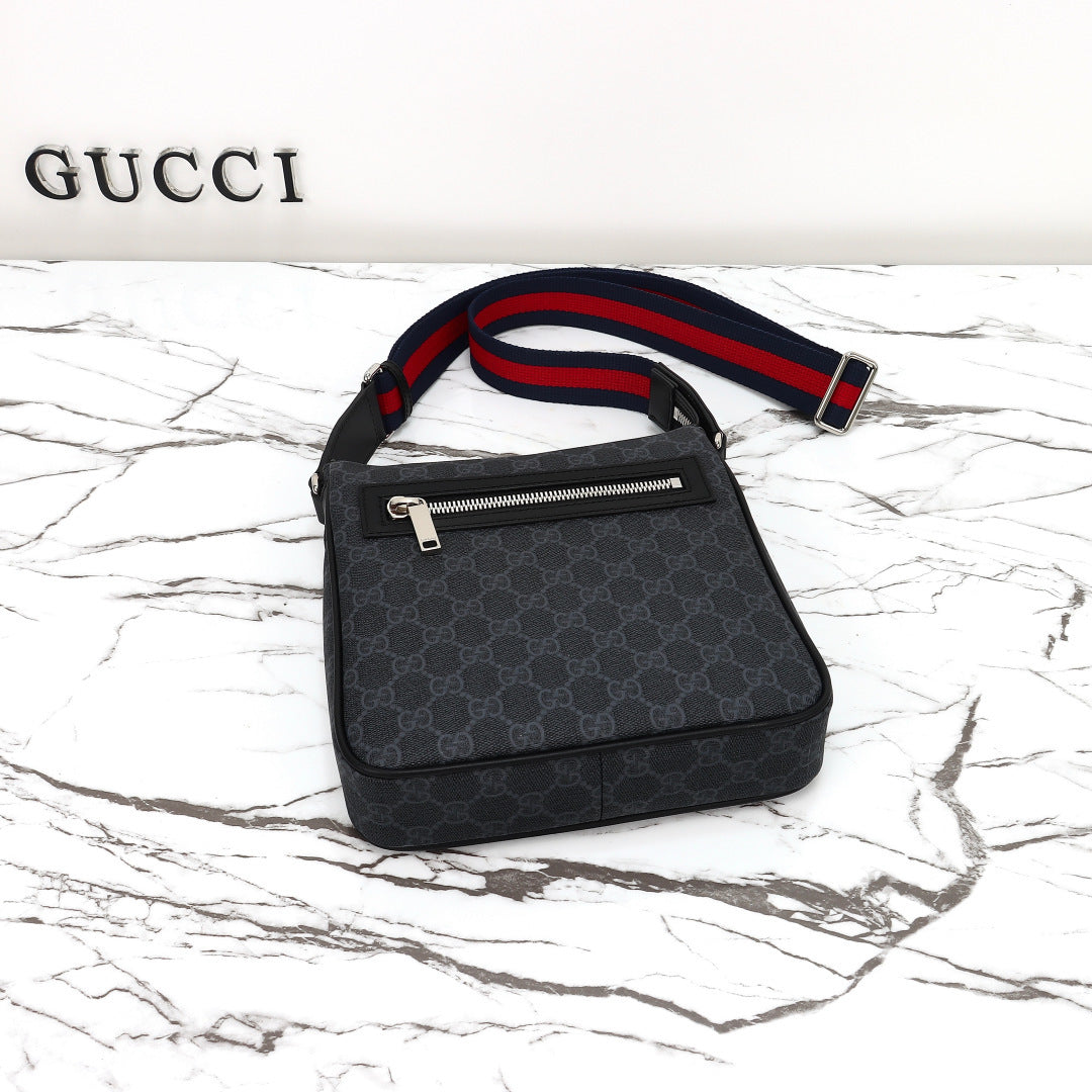 Gucci 2026 Flatpack Small Messenger Bag 24cm Black Dark Gray Canvas Leather
