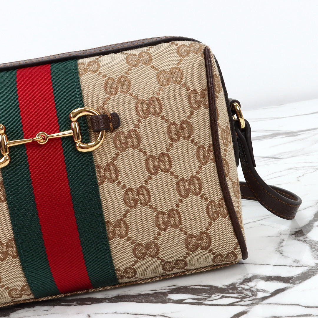 Gucci 2026 Horsebit Web Camera Bag 22cm Sand mix Brown Canvas Leather