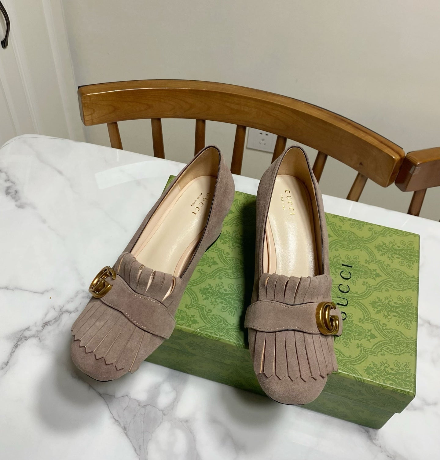 GG 26SS Chunky Heel Pump 50 Taupe Patent Leather 640555