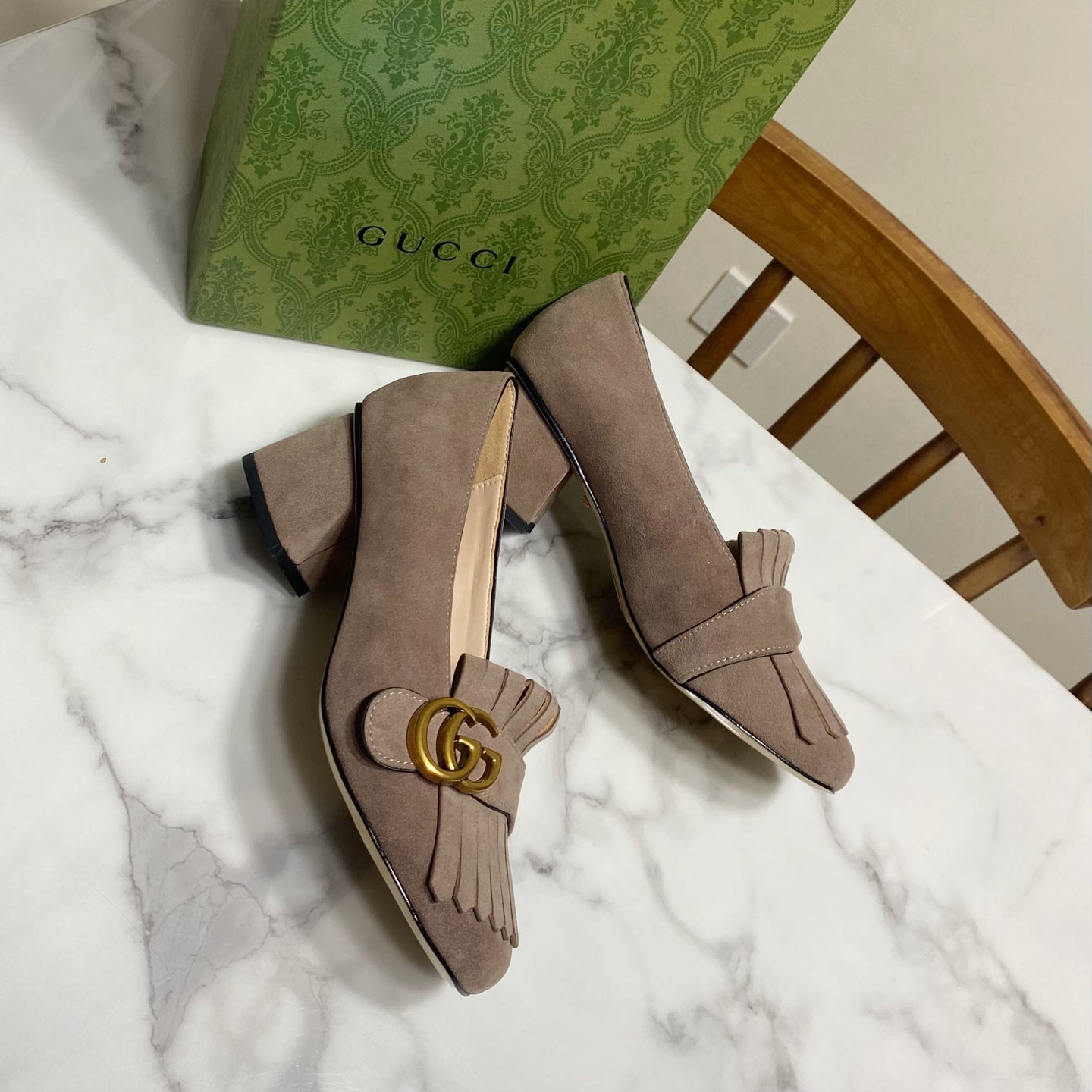 GG 26SS Chunky Heel Pump 50 Taupe Patent Leather 640555