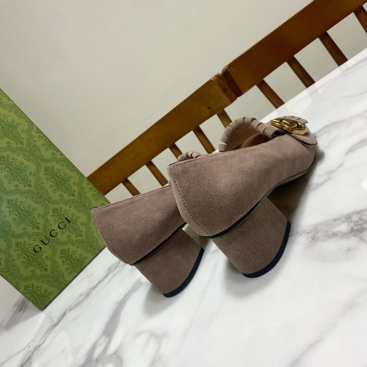 GG 26SS Chunky Heel Pump 50 Taupe Patent Leather 640555