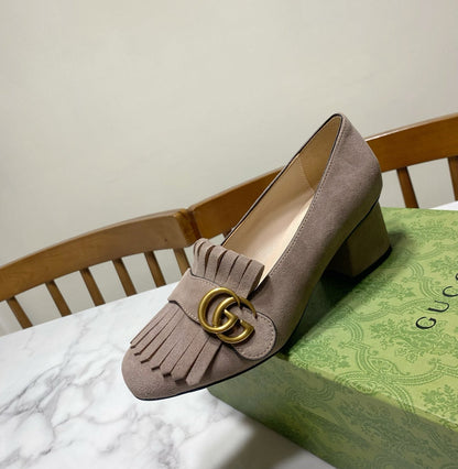 GG 26SS Chunky Heel Pump 50 Taupe Patent Leather 640555