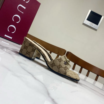 GG 26SS Chunky Heeled Sandals 65 Beige White Canvas Leather 640621