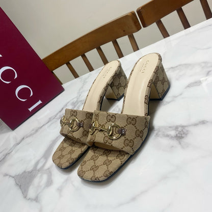 GG 26SS Chunky Heeled Sandals 65 Beige White Canvas Leather 640621